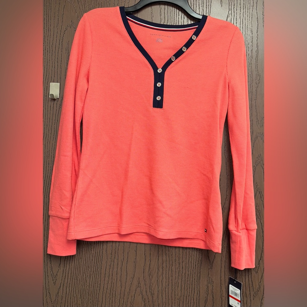 Coral Tommy Hilfiger Long Sleeve Henley Top